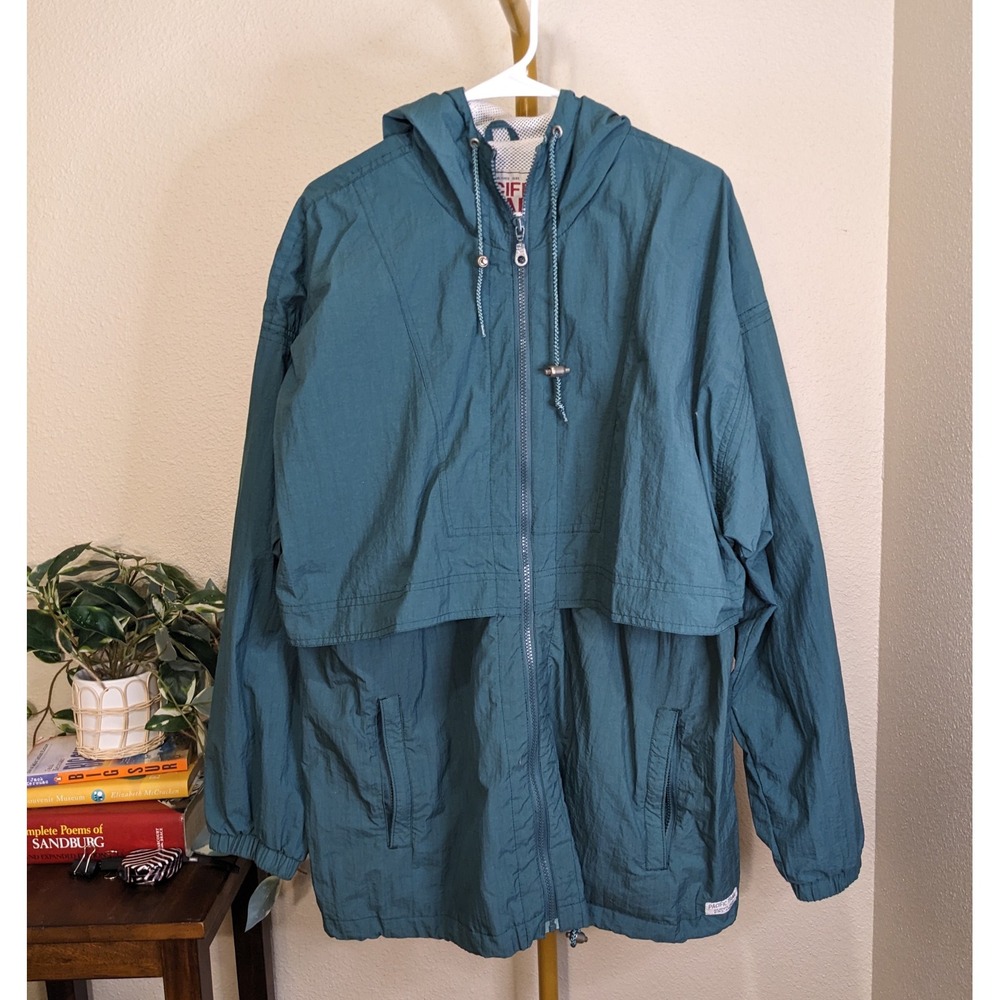 Vintage Pacific Trail Mens Teal Nylon Windbreaker Hooded Jacket Large Rain